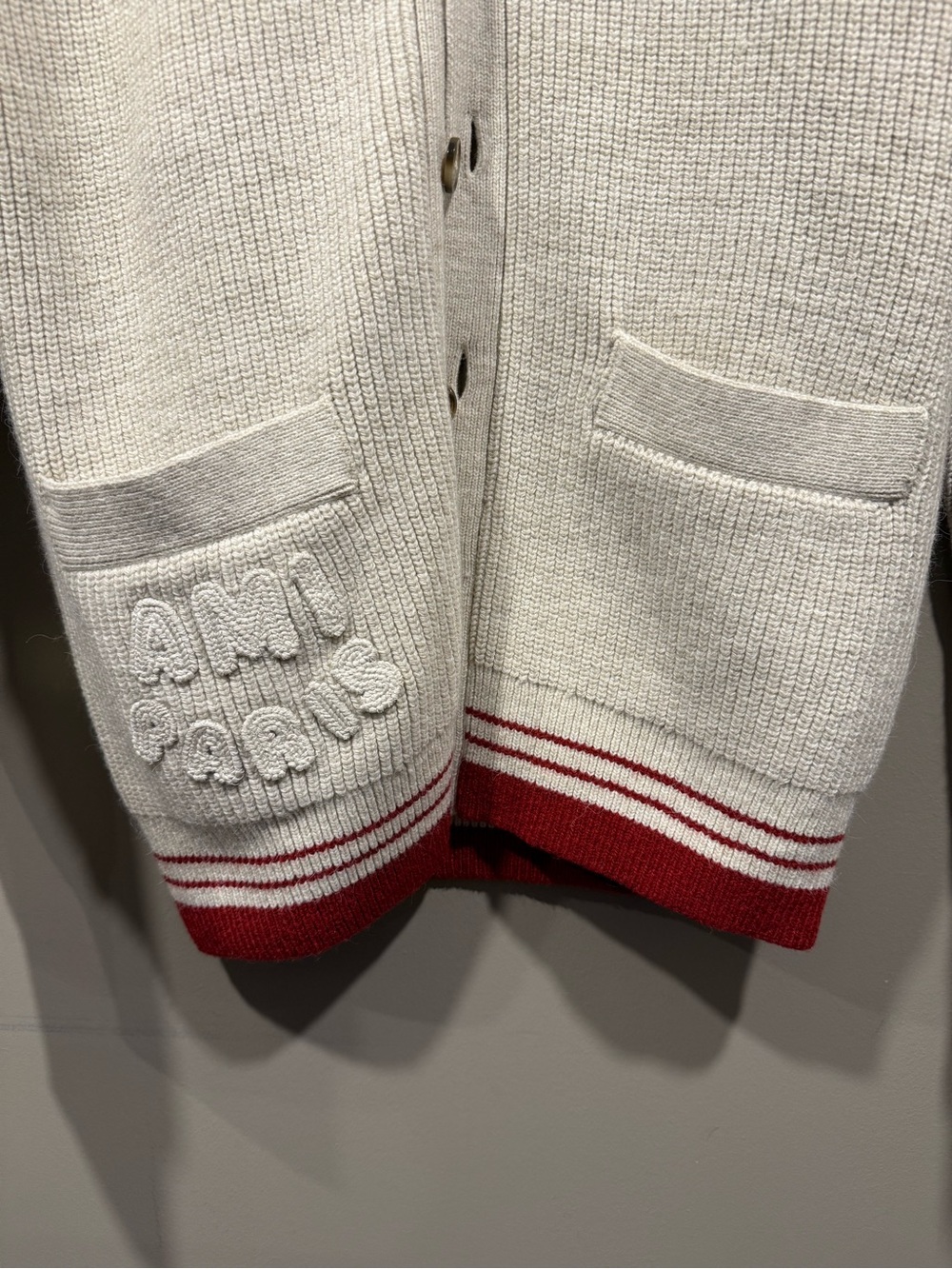 AMI Paris Cream Cardigan with Red Trim image 3